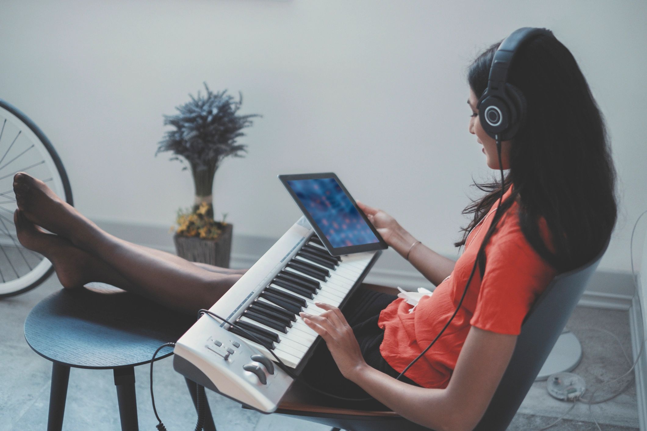 Representative learner practicing keyboard at home